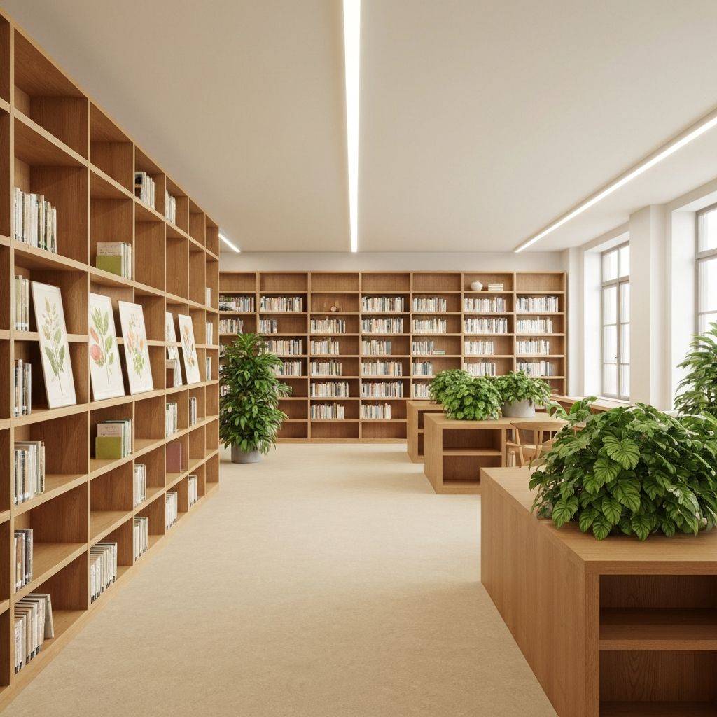 Ruang baca tenang dengan rak buku kayu dan tanaman hijau